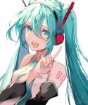  39 aqua_eyes aqua_hair bare_shoulders commentary_request detached_sleeves green_hair hair_between_eyes hatsune_miku headphones headset highres index_finger_raised long_hair looking_at_viewer necktie open_mouth saihate_(d3) sleeveless smile solo tattoo twintails very_long_hair vocaloid 