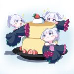  3girls blue_eyes cho_kaguya-hime! double_bun flying food fruit hair_bun hair_rings highres japanese_clothes kimono long_hair long_sleeves mini_person mini_yachiyo minigirl multiple_girls open_mouth pancake pancake_stack runami_yachiyo sleeves_past_wrists strawberry twintails ujat_47 whipped_cream white_hair 