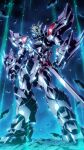  armor babamba clenched_hands commentary_request gattai glowing granzort granzort_the_last_magical_war green_eyes highres hyper_granzort madou_king_granzort mecha mecha_focus no_humans robot standing super_robot sword v-fin war weapon 
