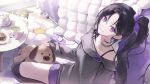  1girl absurdres bbony_0_0 bed black_hair black_socks bow cable cat cellphone cellphone_charm charm_(object) coffee_table collarbone commentary_request cookie cup door food grey_sweater hair_bow high_side_ponytail highres indie_virtual_youtuber korean_commentary long_hair looking_at_viewer off-shoulder_sweater off_shoulder on_floor over-kneehighs oversized_clothes park_yorang phone plate pop_socket purple_bow purple_eyes purple_shorts seiza shorts side_ponytail sitting smartphone smile socks solo stuffed_animal stuffed_dog stuffed_toy sweater table teacup teapot thighhighs toy_dinosaur usb_cable 