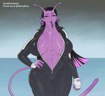 abs alien alien_humanoid antennae_(anatomy) bedroom_eyes big_breasts black_hair black_sclera blep bodysuit breasts clothing female fingerless_gloves forked_tongue gloves gynomorph hair half-closed_eyes handwear hi_res highlights_(coloring) huge_breasts humanoid humanoid_pointy_ears inner_boob intersex jamesab muscle_tone muscular muscular_gynomorph muscular_humanoid muscular_intersex narrowed_eyes pink_highlights pointy_ears purple_body purple_skin seductive skinsuit smile smirk smug smug_face solo thick_thighs tight_clothing tongue tongue_out wide_hips