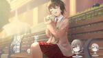  1girl 1other absurdres acrylic_stand_(object) aoi_erika black_hair byakko_(heaven_burns_red) chibi closed_eyes commentary_request dusk eatthatcrab fountain heaven_burns_red hedge highres higuchi_seika hiiragi_kozue kayamori_ruka minase_sumomo narby_(heaven_burns_red) necktie on_bench open_mouth red_necktie short_hair skirt slime_(creature) twilight 