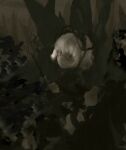  1girl bow closed_mouth expressionless futon_(kitsune_tsuki) hair_bow highres holding holding_stick looking_at_viewer looking_to_the_side medicine_melancholy plant puffy_short_sleeves puffy_sleeves sanpaku sepia short_hair short_sleeves solo stick touhou upper_body 