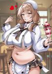  1girl absurdres ahoge apron beret blunt_bangs blush bready_(nikke) breasts brown_eyes brown_hair brown_neckerchief brown_sailor_collar brown_skirt choker commentary cup eating food goddess_of_victory:_nikke hair_ribbon hat highres holding holding_cup holding_food holding_ice_cream holding_spoon huge_breasts ice_cream k_(user_nrtr8253) long_hair looking_at_viewer midriff navel neckerchief parfait plait plump ribbon sailor_collar shirt skirt solo spoon thighs underboob white_apron white_hat white_shirt 
