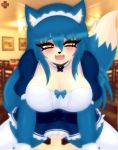  amber_eyes blue_fur blush breasts canine clothed clothed_sex clothing duo female female_focus fox fur hair long_hair maid_uniform male male/female mammal pussy razplus sex solo_focus uniform 