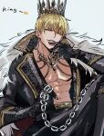  1boy black_gloves blonde_hair blue_background chain clenched_teeth coat commentary crown earrings fate/strange_fake fate_(series) fur_trim gilgamesh_(fate) gloves hand_up highres jewelry long_sleeves looking_at_viewer male_focus miyamamechiru official_alternate_costume open_clothes open_coat parted_lips red_eyes short_hair simple_background solo teeth toned toned_male 