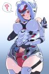  1girl android armored_leotard atta_(atta_1129) bare_shoulders blue_hair breasts commentary commission elbow_gloves english_commentary forehead_protector gloves hair_intakes highres kos-mos large_breasts leotard long_hair mechabare mechanical_pussy pixiv_commission red_eyes sidelocks solo thighhighs white_leotard wombforce xenoblade_chronicles_(series) xenoblade_chronicles_2 