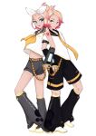  1boy 1girl absurdres ahoge ameyumei arm_warmers artist_name back-to-back bass_clef belt black_leg_warmers black_shorts blonde_hair blue_eyes bow closed_mouth commentary cosplay crop_top detached_sleeves english_commentary from_side full_body gradient_hair grey_leg_warmers grey_sailor_collar grey_shorts hair_bow hair_bun hair_ornament hairclip headphones headset highres kagamine_len kagamine_len_(cosplay) kagamine_rin kagamine_rin_(cosplay) leg_warmers looking_at_another midriff multicolored_hair nail_polish neckerchief necktie number_tattoo open_mouth parody pokemon pokemon_legends:_z-a red_hair sailor_collar shirt shoes short_hair short_shorts short_sleeves shorts shoulder_tattoo simple_background sleeveless sleeveless_shirt smile standing tattoo taunie_(pokemon) treble_clef two-tone_hair urbain_(pokemon) vocaloid vocaloid_boxart_pose white_background white_bow white_shirt white_shoes yellow_nails yellow_neckerchief yellow_necktie 