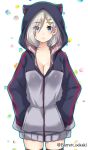  animal_hood baretto_(firearms_1) black_legwear blue_eyes blush breasts cat_hood closed_mouth commentary_request eyes_visible_through_hair hair_between_eyes hair_ornament hair_over_one_eye hairclip hamakaze_(kantai_collection) highres hood hoodie kantai_collection large_breasts long_sleeves looking_at_viewer short_hair thighhighs 