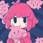  1girl :d antenna_hair blush chiccha_na_watashi_(synthesizer_v) commentary_request creature highres jacket kasane_teto looking_at_viewer pink_hair pink_jacket portrait short_hair smile solid_oval_eyes sweatdrop synthesizer_v tsujima_(nu9110157566267) utau waving 