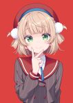  1girl absurdres beret black_jacket blonde_hair blue_ribbon closed_mouth green_eyes hair_ornament hat highres indie_virtual_youtuber jacket light_blush looking_at_viewer neck_ribbon pom_pom_(clothes) pom_pom_hair_ornament red_background red_hat red_sailor_collar reimei_(r758120518) ribbon sailor_collar shigure_ui_(vtuber) shirt short_hair sidelocks simple_background smile solo striped_clothes striped_jacket two_side_up upper_body v vertical-striped_clothes vertical-striped_jacket virtual_youtuber white_shirt 