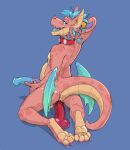 2021 anal anal_penetration animal_genitalia animal_penis anthro balls belly blue_background blue_eyes blue_hair blue_penis collar countershade_face countershade_feet countershade_neck countershade_tail countershade_torso countershading dildo dildo_in_ass dildo_insertion dildo_sitting ear_piercing ear_ring equine_genitalia equine_penis erection feet genitals hair holding_penis kneeling kobold looking_at_viewer looking_back looking_back_at_viewer male male_anthro medial_ring mintyderg nude nude_anthro nude_male object_in_ass open_mouth open_smile penetration penis piercing pink_body rear_view red_(redishdragie) ring_piercing scalie sex_toy sex_toy_in_ass sex_toy_insertion simple_background slightly_chubby slightly_chubby_anthro slightly_chubby_male smile solo tail tan_body tongue wings