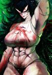  1girl armpit_hair black_hair black_panties blood blood_on_clothes breasts cleavage commentary_request cowboy_shot degrees_of_lewdity eden_(degrees_of_lewdity) eden_(female)_(degrees_of_lewdity) english_commentary highres mixed-language_commentary muscular muscular_female navel_hair panties red_eyes scar scar_on_arm scar_on_breasts scar_on_cheek scar_on_face scar_on_neck scar_on_nose scar_on_stomach solo underwear yetiwang1000 