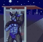 abs akadthefox anthro barazoku black_body black_clothing black_fur black_shirt black_topwear blue_body blue_clothing blue_eyes blue_fur blue_jockstrap blue_underwear bus_stop canid canine canis clothed clothing clothing_lift digital_media_(artwork) dobermann domestic_dog erection erection_under_bottomwear erection_under_jockstrap erection_under_underwear exhibitionism fur jockstrap looking_at_viewer male mammal muscular nipple_fetish nipple_pinch nipple_play nipples outside pecs pinch pinscher pixel_(artwork) public sed_(akadthefox) shirt shirt_in_mouth shirt_lift short_sleeves smile smirk solo topwear underwear