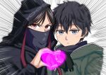  1boy 1girl absurdres black_gloves black_hair black_scarf blush closed_mouth commentary_request covered_mouth double_finger_heart fate/strange_fake fate_(series) finger_heart fingerless_gloves gloves green_jacket grey_eyes hair_between_eyes heart highres hood hood_down hood_up hooded_jacket jacket kumanosigenium1 long_hair long_sleeves looking_at_viewer mask mouth_mask no_name_assassin_(fate) red_eyes scarf short_hair sigma_(fate) simple_background torn_clothes torn_sleeves white_background 