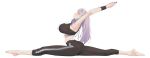  1girl absurdres alternate_hair_length_(shorter) armpits arms_up barefoot black_pants black_sports_bra blush breasts closed_eyes contortion flexible from_side front_sitting_split grey_hair highres hololive hololive_indonesia kebohan large_breasts long_hair nail_polish official_alternate_costume pants pavolia_reine pavolia_reine_(6th_costume) profile purple_nails simple_background sitting_split solo split sports_bra sportswear straight_hair stretching sweatpants trembling virtual_youtuber white_background workout_clothes wristband yoga yoga_pants 
