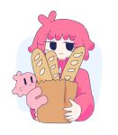  1girl antenna_hair bag baguette bread chiccha_na_watashi_(synthesizer_v) commentary_request creature cropped_torso food grocery_bag highres holding holding_bag jacket kasane_teto looking_to_the_side negitoro_(ntlrjqsolnlijmr) pink_hair pink_jacket shopping_bag short_hair solid_oval_eyes synthesizer_v utau white_background 