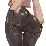  1girl ass black_bodysuit black_gloves bodysuit bodysuit_under_clothes brown_jacket cameltoe emma_(pokemon) gloves grabbing_own_ass hand_on_own_ass hanta_(hantachi) highres huge_ass impossible_bodysuit impossible_clothes jacket latex latex_bodysuit multicolored_gloves pokemon pokemon_legends:_z-a skin_tight spread_ass thighs two-tone_gloves white_background wide_hips 