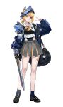  1girl 723_chfhrqur absurdres armor bag bag_charm bandaid bandaid_on_leg black_socks blonde_hair blue_jacket breastplate charm_(object) full_body grey_skirt grin helmet highres holding holding_sword holding_weapon jacket jacket_partially_removed leotard leotard_under_clothes loafers muneate open_clothes open_jacket original pleated_skirt ponytail ribbon shirt shoes short_hair short_ponytail shoulder_armor shoulder_bag simple_background skirt smile socks solo standing striped_ribbon sword track_jacket v visor_(armor) weapon white_background white_shirt yellow_eyes 