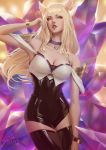  ahri animal_ears artist_name bare_shoulders blonde_hair bracelet breasts choker cleavage fox_ears heart heart_choker highres jewelry jpeg_artifacts k/da_(league_of_legends) k/da_ahri large_breasts league_of_legends leotard long_hair off_shoulder raikoart single_earring solo tail thighhighs whisker_markings yellow_eyes 