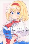  1girl alice_margatroid blonde_hair blue_dress blue_eyes blush capelet closed_mouth commentary_request dress hairband highres looking_at_viewer puffy_short_sleeves puffy_sleeves red_hairband red_sash sample_watermark sash short_sleeves smile solo touhou traditional_media upper_body waist_sash watermark white_capelet yuiki_(cube) 