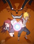 1boy 1girl aged_down blonde_hair blue_eyes dirty dirty_clothes dirty_face dress dynamic_pose english_text evil_grin evil_smile fox grey_eyes grin hair_ornament hairclip highres jacket kurama_(naruto) long_hair medium_hair namikaze_minato naruto_(series) official_art one_eye_closed open_hand outstretched_arm pants rasengan red_eyes red_hair sandals serious sharp_teeth short_dress size_difference slit_pupils smile spikes straight_hair teeth uzumaki_kushina very_long_hair 
