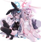  2girls :o absurdres animal_ears aris_(blue_archive) arm_support armpit_crease armpits bandaid bandaid_on_knee bandaid_on_leg bandaid_on_thigh bare_arms bare_shoulders black_leotard black_thighhighs blue_archive blue_bow blue_bowtie blue_eyes blue_halo blue_tail blush bow bowtie breasts cleavage commentary_request detached_collar fake_animal_ears fake_tail fangs frilled_headwear frilled_wrist_cuffs frills grey_hair hair_between_eyes hair_bow hair_spread_out halo hand_on_another's_hip hand_up heart highres kei_(blue_archive) kei_(new_body)_(blue_archive) kneeling knees_up leotard long_hair long_hair_between_eyes long_sidelocks looking_at_viewer multiple_girls open_mouth palms pink_bow pink_bowtie pink_eyes pink_halo pink_tail playboy_bunny rabbit_ears rabbit_tail rectangular_halo sidelocks small_breasts stuffed_animal stuffed_rabbit stuffed_toy tail thighhighs thighs tongue tongue_out very_long_hair white_background white_leotard white_thighhighs wrist_cuffs 