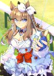  1girl absurdres almond_eye_(the_changer)_(umamusume) almond_eye_(umamusume) animal_ears blue_eyes breasts bright_pupils brown_hair cleavage closed_mouth collarbone colored_inner_hair commentary_request detached_sleeves fingerless_gloves gloves grass hair_between_eyes hair_ornament hairband highres horse_ears horse_girl looking_at_viewer muchi3333 multicolored_hair reaching reaching_towards_viewer smile solo symbol-shaped_pupils umamusume x-shaped_pupils 