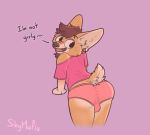  2018 anthro backsack balls butt canine clothing dialogue digital_media_(artwork) fennec fox girly hair looking_back loose_shirt male mammal panties piercing short_tail simple_background skymafia smile solo text underwear 