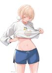  1girl absurdres artist_name blonde_hair blue_shorts closed_eyes clothes_lift commentary cowboy_shot hair_ornament highres hololive indie_virtual_youtuber medium_hair midriff navel open_mouth parkiranhonda pom_pom_(clothes) pom_pom_hair_ornament print_sweater shigure_ui_(vtuber) short_twintails shorts simple_background solo subaru_duck sweat sweater sweater_lift twintails untranslatable_commentary virtual_youtuber white_background white_sweater 