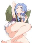  arm_behind_head armpits ass barefoot blue_hair blush green_pillow hairband ixy kannagi legs long_hair looking_at_viewer nagi pillow purple_eyes simple_background skirt solo thighs white_background white_hairband white_skirt 