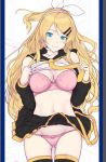  alternate_breast_size alternate_hair_length alternate_hairstyle ass_visible_through_thighs bangs black_legwear black_skirt blonde_hair blue_border blue_eyes border bow bow_panties bra breasts cleavage commentary detached_sleeves english_commentary hair_bow hair_ornament hairclip headset hews_hack kagamine_rin long_hair lying medium_breasts midriff miniskirt navel older on_back panties pink_bra pink_panties pleated_skirt sailor_collar shirt_lift skirt solo swept_bangs thighhighs underwear vocaloid white_bow work_in_progress 