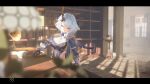  1girl absurdres black_gloves black_horns blue_eyes blurry blurry_background blurry_foreground blush book bookshelf breasts closed_mouth commentary depth_of_field desk_lamp duet_night_abyss gloves highres horns lamp looking_to_the_side medium_breasts medium_hair military_uniform phonograph qurami rhythm_(duet_night_abyss) shade single_horn solo swept_bangs upper_body white_hair window_shadow 