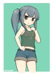  alternate_costume artist_name bangs bare_arms bare_shoulders belt black_belt black_eyes blue_shorts blush casual clothes_writing collarbone cowboy_shot cropped_legs denim denim_shorts eyebrows_visible_through_hair green_background grey_hair hand_up highres kantai_collection kasumi_(kantai_collection) long_hair looking_at_viewer midriff navel open_mouth outside_border short_shorts shorts side_ponytail simoyuki simple_background sleeveless solo tank_top 