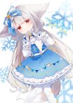  1girl absurdres animal_ears argyle_clothes argyle_pantyhose blue_bow blue_bowtie blue_dress blush bow bowtie closed_mouth commentary_request commission double-parted_bangs dress feet_out_of_frame fox_ears fox_girl fox_tail frilled_dress frills hair_bow highres indie_virtual_youtuber long_hair long_sleeves looking_at_viewer nori_tama00 own_hands_together pantyhose red_eyes sakurada_shiro_(hy_plus) skeb_commission solo standing tail virtual_youtuber white_hair white_pantyhose 