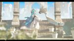  1girl absurdres ahoge blue_hair blurry blurry_foreground closed_eyes commentary creature dress duet_night_abyss facing_away fina_(duet_night_abyss) flower from_behind from_side full_body head_wings headband highres kneehighs letterboxed long_hair long_sidelocks long_sleeves open_mouth outdoors qurami sidelocks sky socks solo stairs standing stone_stairs tiptoes very_long_hair white_dress wings 