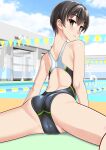  1girl absurdres ass back back_focus black_hair black_one-piece_swimsuit blue_sky brown_eyes cameltoe cloud commentary_request competition_swimsuit day feet_out_of_frame from_behind highres large_variant_set leaning_forward looking_at_viewer looking_back lying multicolored_swimsuit on_stomach one-piece_swimsuit original outdoors parted_lips pool poolside racerback short_hair sitting sky solo string_of_flags swimsuit takafumi variant_set 