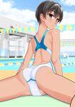  1girl absurdres ass back back_focus black_hair blue_sky brown_eyes cameltoe cloud commentary_request competition_swimsuit day feet_out_of_frame from_behind highres large_variant_set leaning_forward looking_at_viewer looking_back lying multicolored_swimsuit on_stomach one-piece_swimsuit original outdoors parted_lips pool poolside racerback short_hair sitting sky solo string_of_flags swimsuit takafumi tan variant_set white_one-piece_swimsuit 