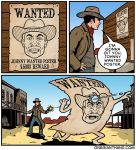  animate_inanimate bullet comic cowboy cowboy_hat english_text gun gunshot handgun hat human humor mammal not_furry onegianthand pistol poster ranged_weapon reward speech_bubble text wanted_poster weapon 