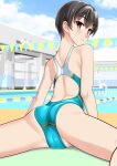  1girl absurdres aqua_one-piece_swimsuit ass back back_focus black_hair blue_sky brown_eyes cameltoe cloud commentary_request competition_swimsuit day feet_out_of_frame from_behind highres large_variant_set leaning_forward looking_at_viewer looking_back lying multicolored_swimsuit on_stomach one-piece_swimsuit original outdoors parted_lips pool poolside racerback short_hair sitting sky solo string_of_flags swimsuit takafumi variant_set 
