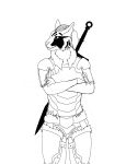  2018 alpha_channel anthro armor aze clothed clothing feline female humanoid khajiit line_art mammal melee_weapon simple_background skyrim solo standing sword the_elder_scrolls transparent_background video_games watermark weapon 