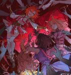  4girls absurdres ahoge animal_ears brown_hair cape crown full_body highres horse_ears horse_girl horse_tail jewelry jungle_pocket_(champion's_battle_cry)_(umamusume) jungle_pocket_(umamusume) meisho_doto_(turbulent_blue)_(umamusume) meisho_doto_(umamusume) mini_crown multicolored_hair multiple_girls multiple_rings narita_top_road_(the_proud_road)_(umamusume) narita_top_road_(umamusume) open_mouth orange_hair reaching reaching_towards_another red_cape red_theme ring short_hair smile streaked_hair t.m._opera_o_(o_sole_suo!)_(umamusume) t.m._opera_o_(umamusume) tail thighhighs too_many_hands umamusume white_hair white_thighhighs zizzu 