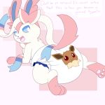  ambiguous_gender blue_sclera boredomwithfriends diaper duo eevee eeveelution feral inanimate_transformation lying nintendo on_front pok&eacute;mon pok&eacute;mon_(species) simple_background speech_bubble sylveon text transformation video_games 
