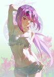  1girl absurdres arm_up atsuko_(blue_archive) atsuko_(swimsuit)_(blue_archive) bare_arms bare_shoulders belly bikini blue_archive chinese_commentary commentary_request eyewear_on_head faas flower halo highres long_hair looking_at_viewer navel partially_shaded_face purple_hair red_eyes shorts sidelocks simple_background smile solo swimsuit tinted_eyewear white_background white_bikini white_halo white_shorts 