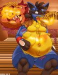  2017 anthro armband belly black_hair bloated blue_body blue_fur bodily_fluids breasts brown_clothing brown_shirt brown_topwear burping burping_fire charmeleon chest_tuft clothing dreadlocks duo elemental_creature fan_character fangs female fidchellvore fight fire flamethrower fur generation_1_pokemon generation_4_pokemon groaning_belly hair hildegard_(fidchellvore) internal lucario male multicolored_body multicolored_fur navel nintendo onomatopoeia organs pokemon pokemon_(species) ranged_weapon red_armband red_body rumbling_stomach sequence sharp_fangs shirt sloshing_belly soft_vore sound_effects stomach stomach_acid teeth text tongue tongue_out topwear tuft vore weapon yellow_belly yellow_body yellow_breasts 