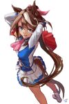  1girl absurdres animal_ears arms_behind_back ascot blue_eyes boots breasts brown_hair buttons cape commentary_request double-breasted epaulettes hair_between_eyes highres horse_ears horse_girl horse_tail jacket long_hair long_sleeves looking_at_viewer multicolored_hair multicolored_jacket parted_lips pink_ascot ponytail red_cape sasami_oishine simple_background single_epaulette single_hair_streak skirt small_breasts solo streaked_hair tail tokai_teio_(peak_joy)_(umamusume) tokai_teio_(umamusume) two-tone_hair two-tone_jacket two-tone_skirt tying_hair umamusume white_background white_boots white_hair white_jacket white_skirt white_streaks 