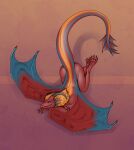 anthro ass_up blue_eyes butt claws crossed_arms dragon european_mythology eztli_(user_55) feet female fingers hair hi_res horn kneeling looking_at_viewer membrane_(anatomy) membranous_wings mythological_creature mythological_scalie mythology nude raised_tail red_body scalie simple_background smile solo stripes tail ulven-f western_dragon winged_arms wings wyvern