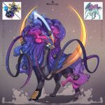  animal_focus artist_name black_fur black_ribbon character_name commission cosmoem cosmog full_body fusion galaxy glowing glowing_eyes grey_background highres leoiruga looking_at_viewer no_humans no_pupils official_art_inset pokemon pokemon_(creature) pokemon_focus purple_hair reference_inset ribbon simple_background solo standing suicune yellow_eyes 