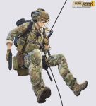  assault_rifle beretta_92 blonde_hair blue_eyes camouflage chin_strap gloves graphite_(medium) gun handgun headphones heckler_&amp;_koch helmet highres hk416 load_bearing_vest long_hair looking_to_the_side military military_uniform original rappelling rifle rope solo tantu_(tc1995) traditional_media uniform weapon 