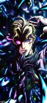  1boy 1other absurdres animal_ears artist_name blonde_hair blood blood_on_face blue_eyes blue_skin cat_ears colored_sclera colored_skin commentary conjoined diamond_wa_kudakenai english_commentary gloves glowing glowing_eye green_shirt heterochromia highres holding_limb horror_(theme) jacket jojo_no_kimyou_na_bouken killer_queen kira_yoshikage looking_at_viewer male_focus noonvincent parted_lips pink_jacket pink_sclera purple_gloves red_nails shirt short_hair single_glove slit_pupils solo stand_(jojo) suit_jacket 